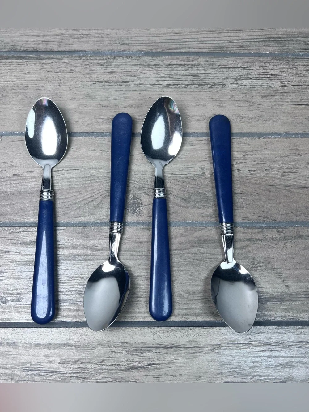 Gibson Vintage Flatware Blue Plastic Handle Tablespoons Soup Spoons Set of 4 Y2K